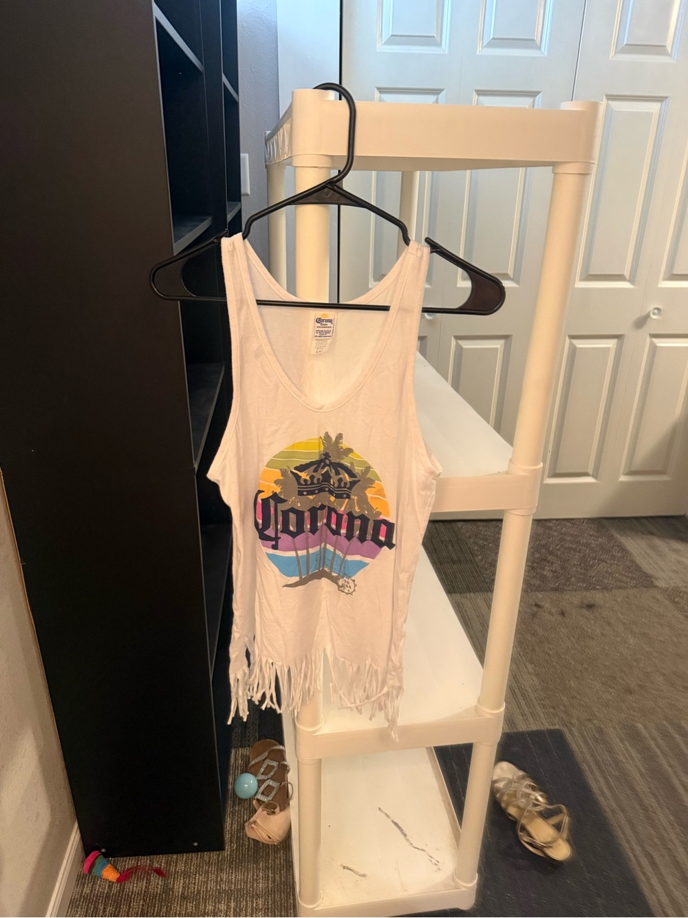 Corona White Fringe Tank Top with Multicolor Sunset Logo